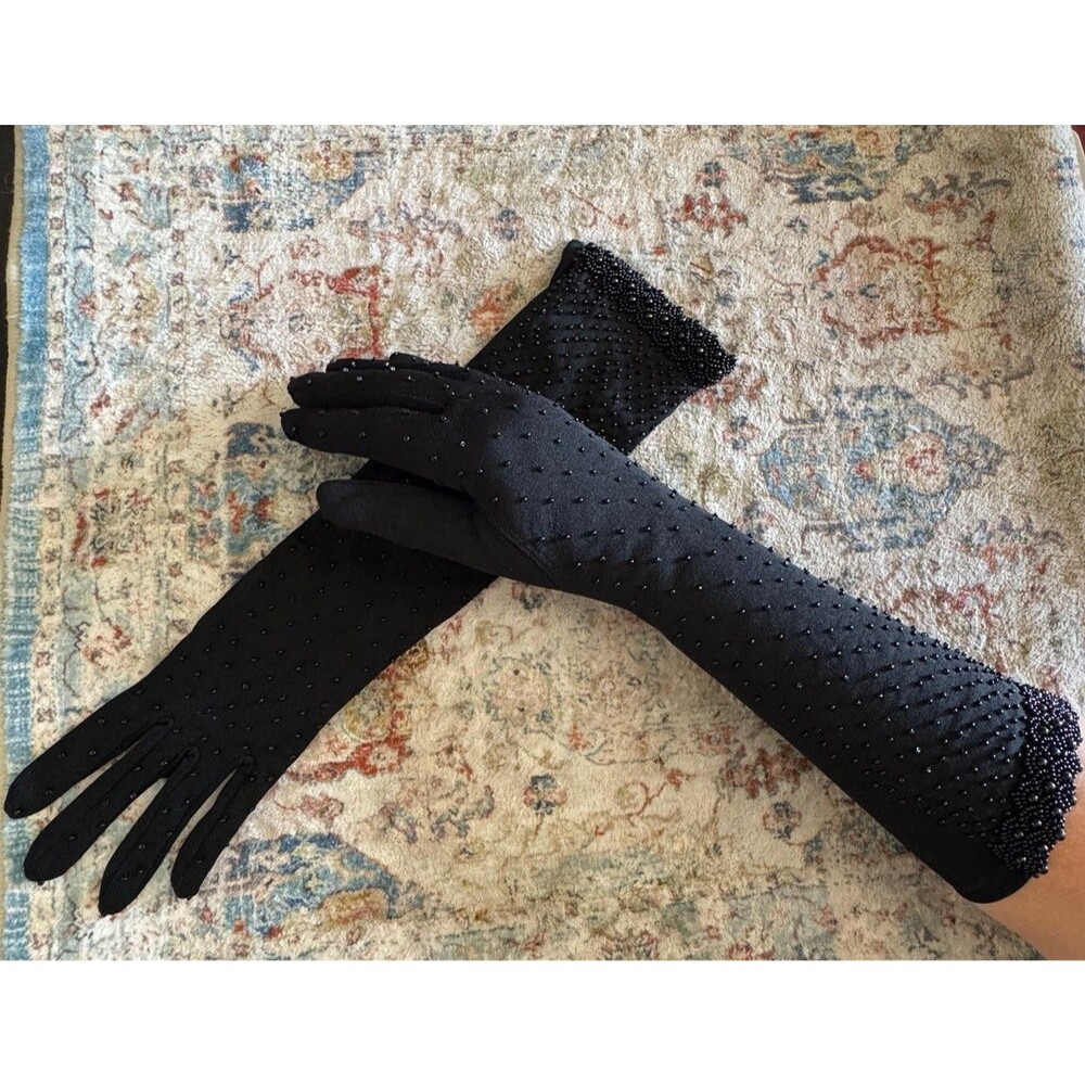 Vintage Jet Beaded Black Opera Gloves Elbow Length Cotton Nylon 1960s Sony Prop